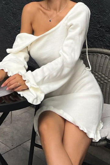 Woochic robe à manches longues évasées col en rond taille haute dos nu blanc S